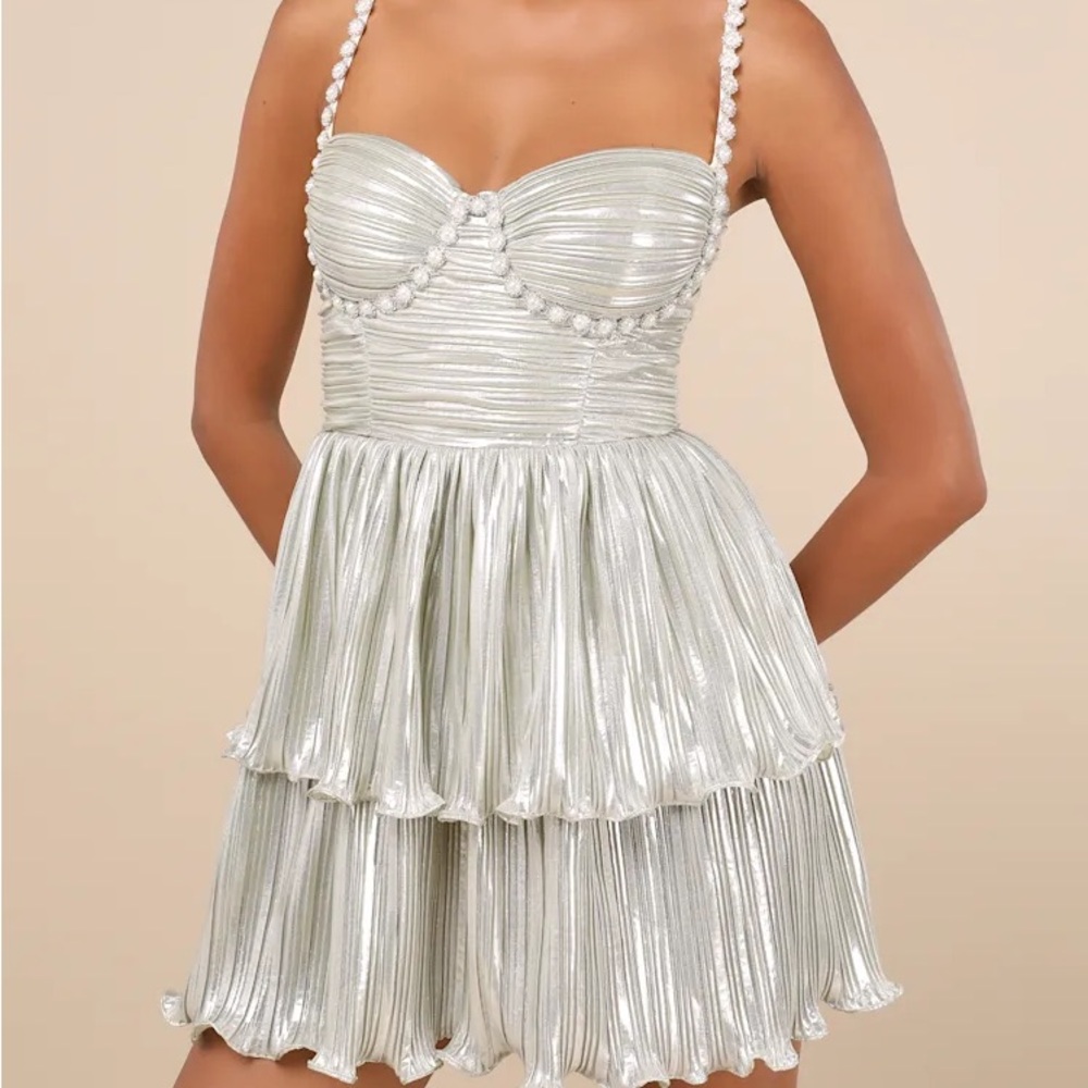 Lulu's Silver Metallic Pleated Party Dress with Pearl Straps
